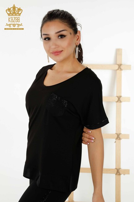 Women's Blouse Stone Embroidered Black - 79195 | KAZEE - Thumbnail