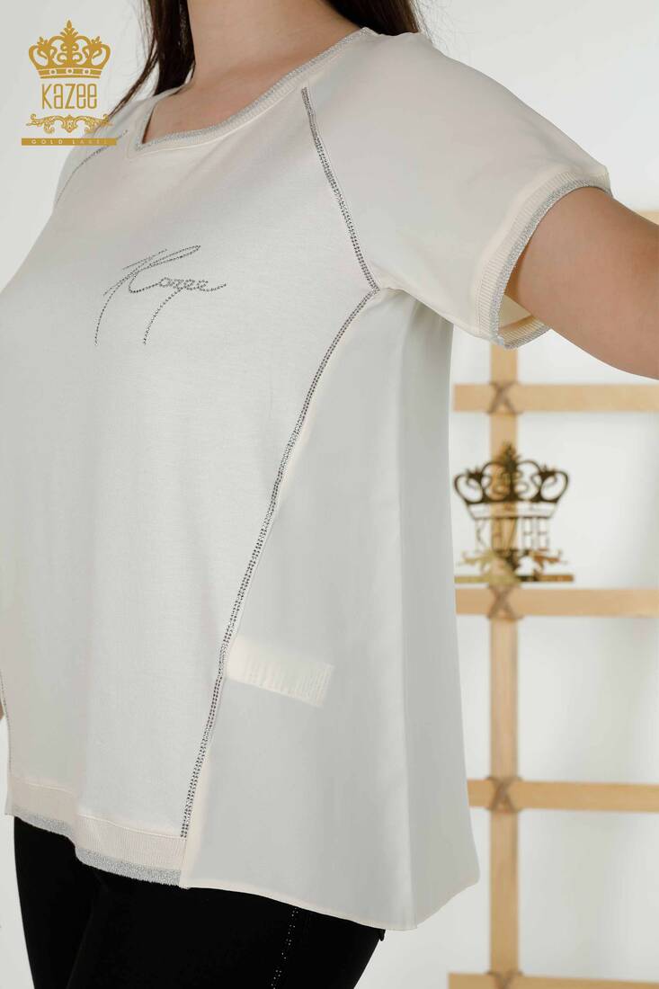 Women's Blouse Stone Embroidered Ecru - 79232 | KAZEE