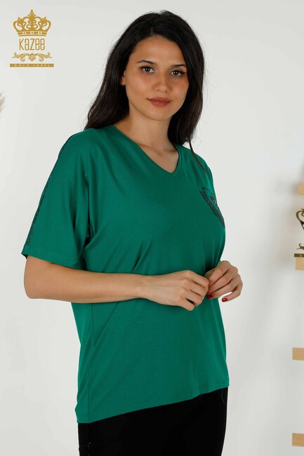 Women's Blouse Stone Embroidered Green - 77487 | KAZEE - Thumbnail