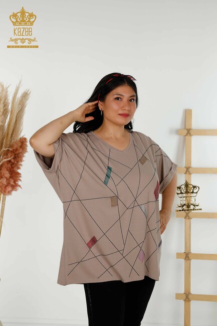 Women's Blouse Stone Embroidered Mink - 79320 | KAZEE - Thumbnail