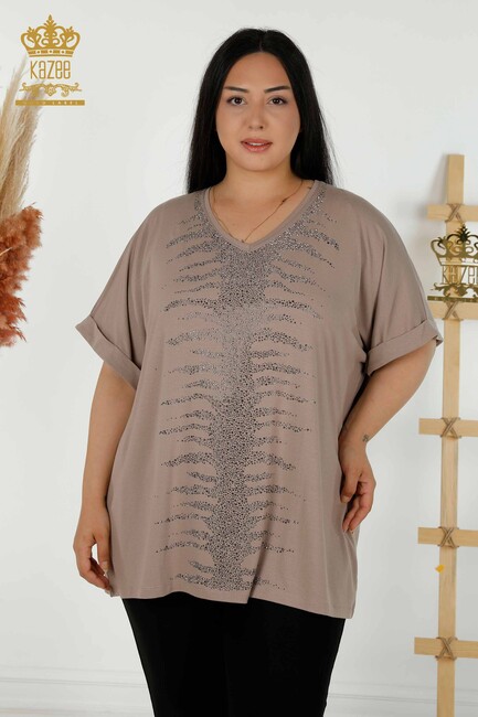 Women's Blouse Stone Embroidered Mink - 79321 | KAZEE - Thumbnail