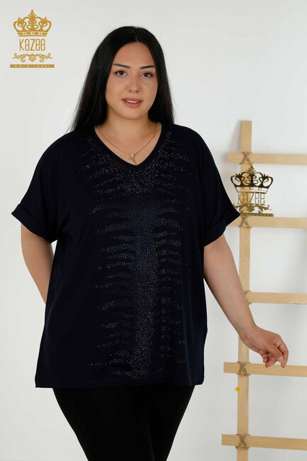 Women's Blouse Stone Embroidered Navy Blue - 79321 | KAZEE - Thumbnail