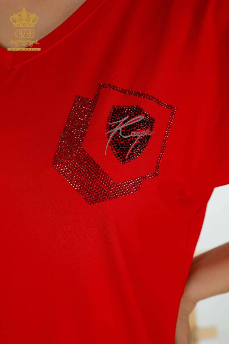 Women's Blouse Stone Embroidered Red - 77487 | KAZEE