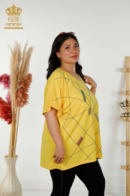 Women's Blouse Stone Embroidered Yellow - 79320 | KAZEE - Thumbnail