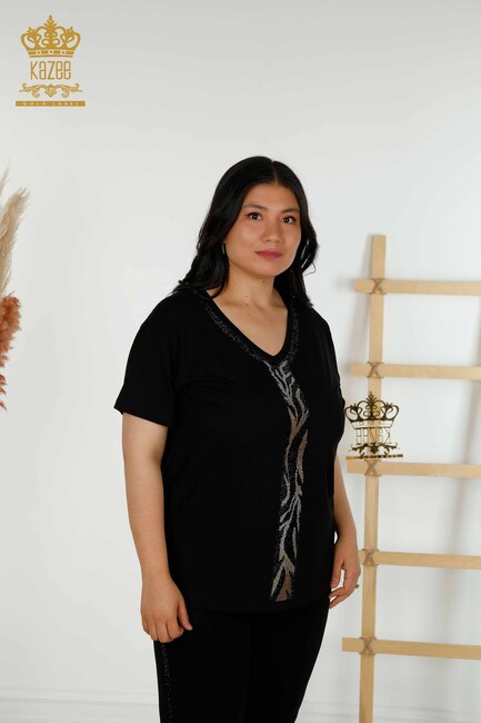 Women's Blouse Sliver Stone Embroidered Black - 79242 | KAZEE - Thumbnail