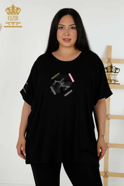 Women's Blouse Black with Text Detailed - 79323 | KAZEE - Thumbnail