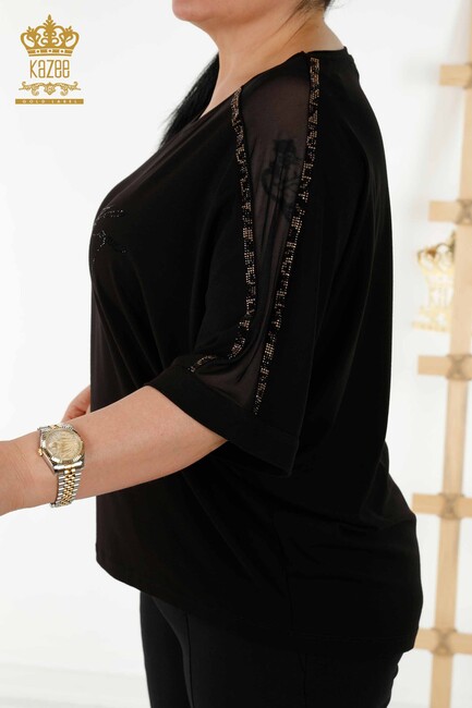 Women's Blouse Tulle Detailed Black - 79098 | KAZEE - Thumbnail