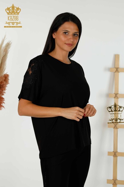 Women's Blouse Tulle Detailed Black - 79390 | KAZEE - Thumbnail