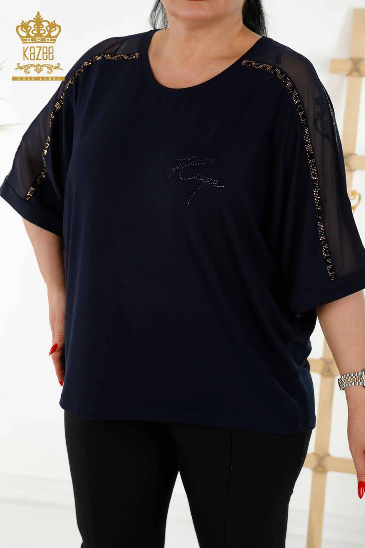 Women's Blouse Tulle Detailed Navy Blue - 79098 | KAZEE