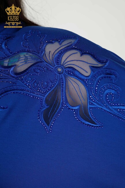 Women's Blouse Tulle Detailed Sax - 79057 | KAZEE - Thumbnail