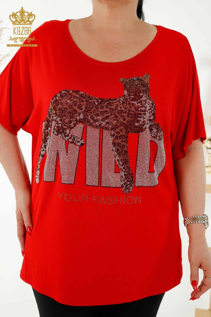 Women's Blouse Red with Text Detailed - 77713 | KAZEE