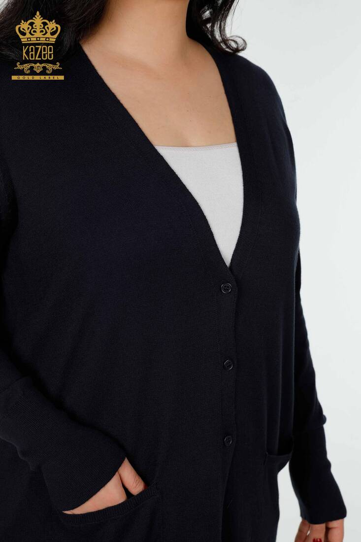 Women's Cardigan Buttoned Navy Blue - 15802 | KAZEE