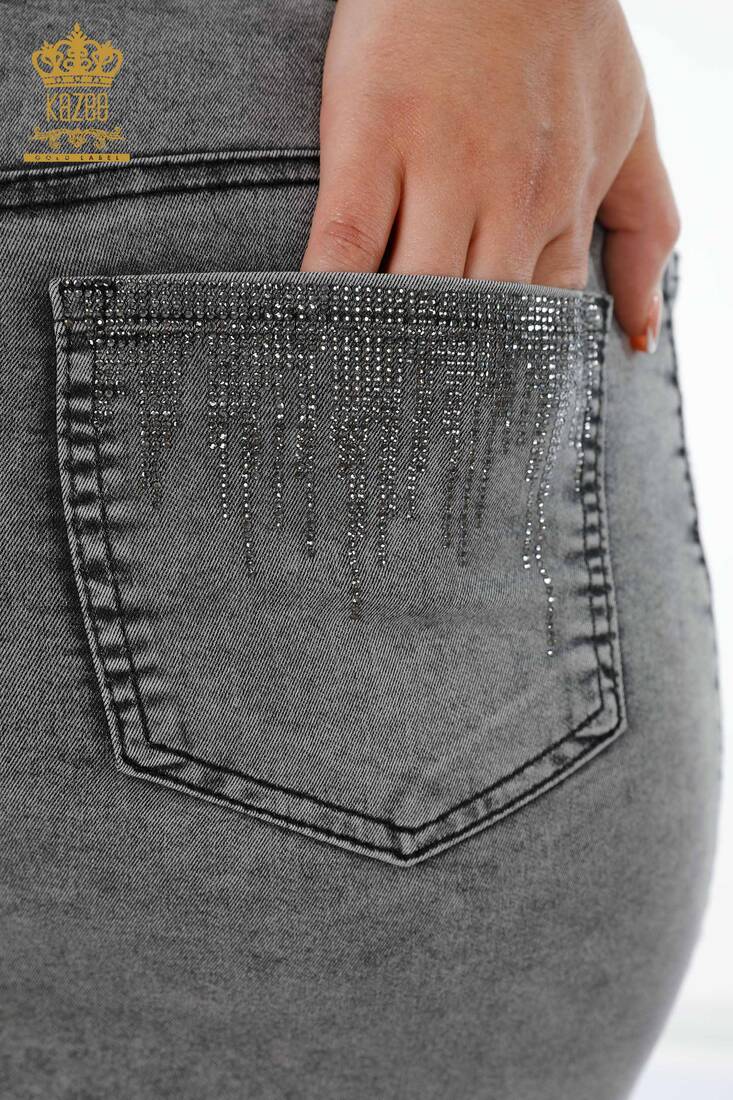 Women's Denim Skirt Crystal Stone Embroidered Gray - 4179 | KAZEE