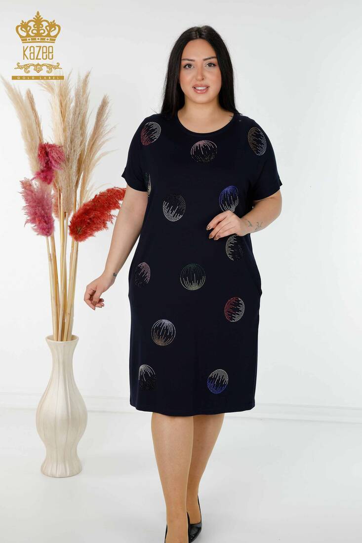 Women's Dress Colored Stone Embroidered Navy Blue - 7740 | KAZEE