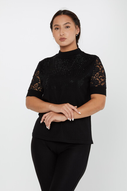 Women's Knitwear American Model Tulle Detail Black - 30959 | KAZEE - Thumbnail