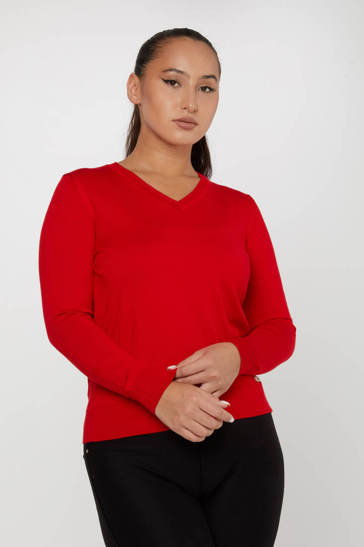 Women's Knitwear Basic V Neck Red - 11071 | KAZEE
