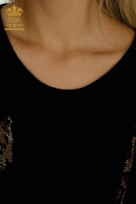 Women's Knitwear Stone Detailed Bat Sleeve Black - 30633 | KAZEE - Thumbnail