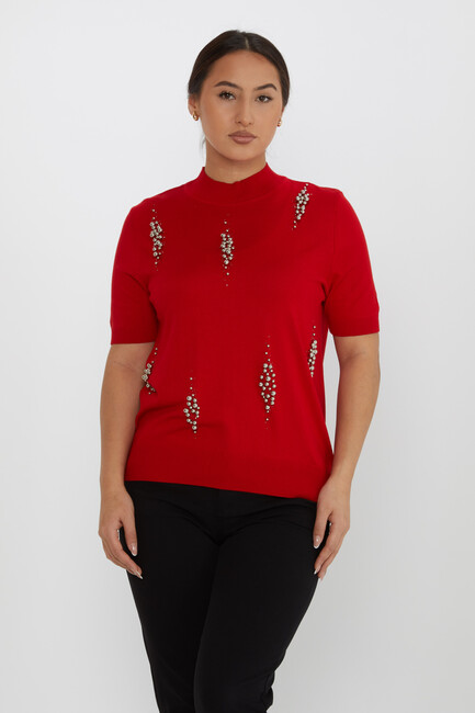 Women's Knitwear Beaded Detail Stand Collar Red - 16929 | KAZEE - Thumbnail