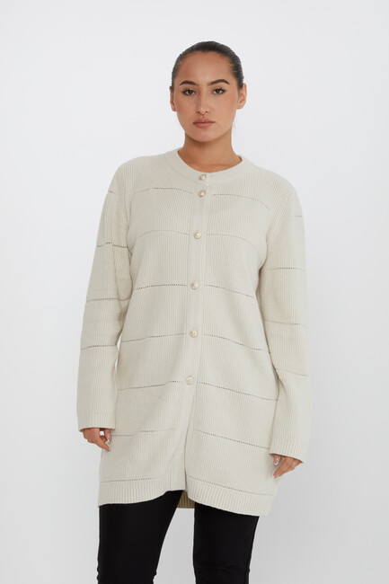 Women's Knitted Cardigan Buttoned Detail Ecru - 30643 | KAZEE - Thumbnail