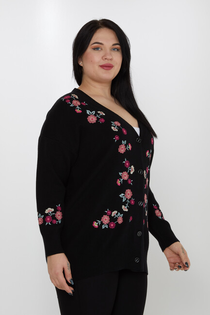 ﻿Women's Knitted Cardigan Floral Embroidery Detail Buttoned Black - 31197 | KAZEE - Thumbnail