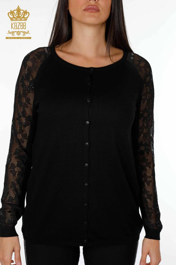 Women's Knitwear Cardigan Tulle Detailed Black - 12758 | KAZEE