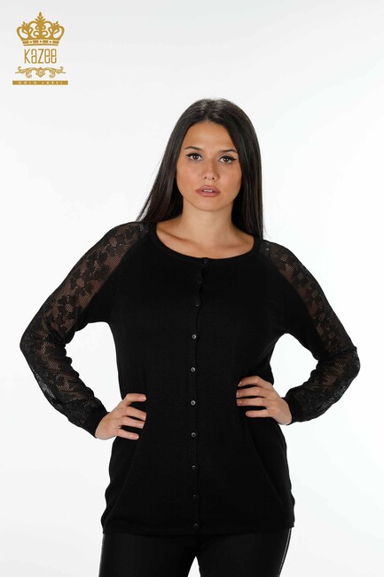 Women's Knitwear Cardigan Tulle Detailed Black - 12758 | KAZEE - Thumbnail