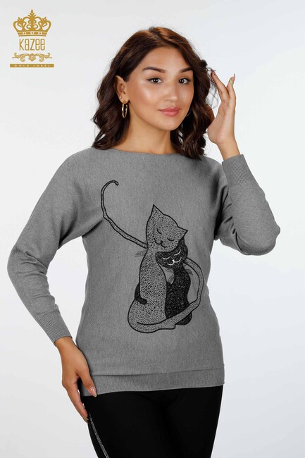 Women's Knitwear Cat Patterned Gray - 15284 | KAZEE - Thumbnail