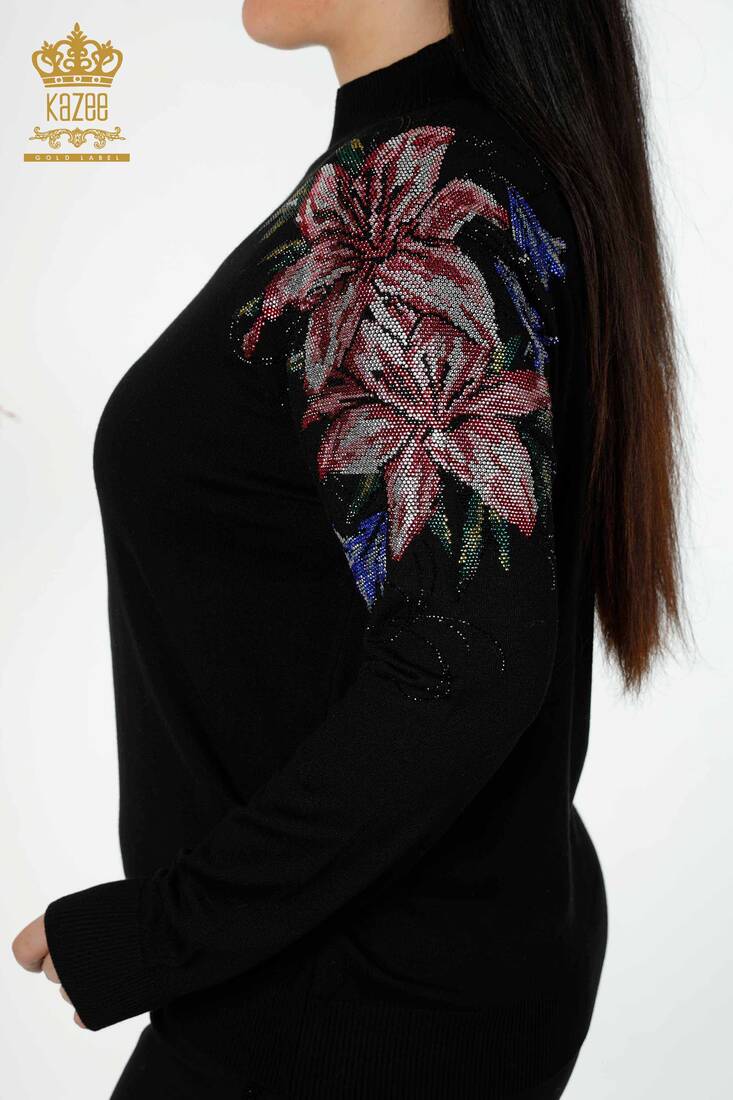 Women's Knitwear Colored Stone Embroidered Black - 30007 | KAZEE