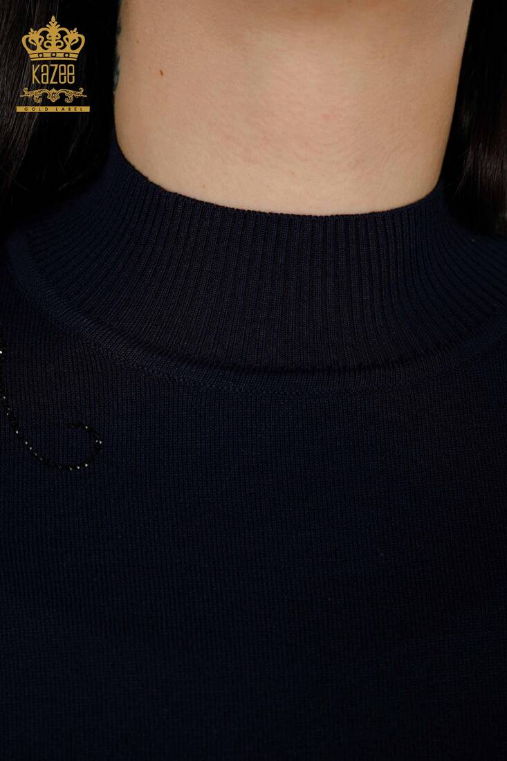 Women's Knitwear Colored Stone Embroidered Navy Blue - 30007 | KAZEE