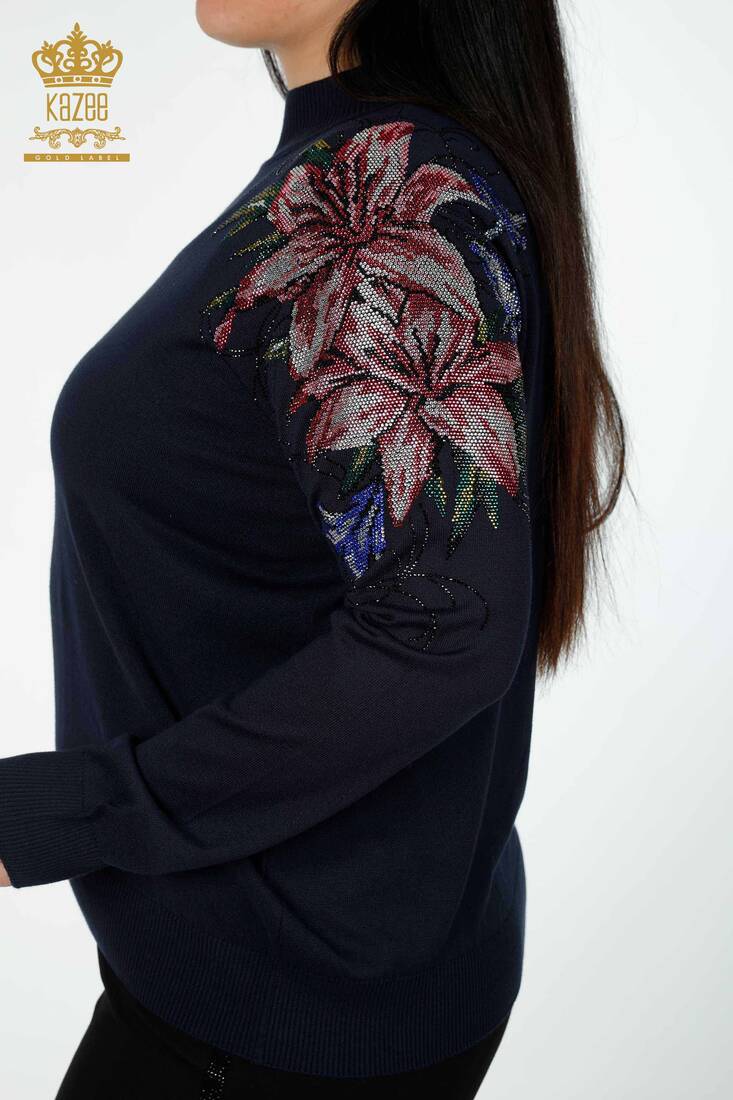 Women's Knitwear Colored Stone Embroidered Navy Blue - 30007 | KAZEE