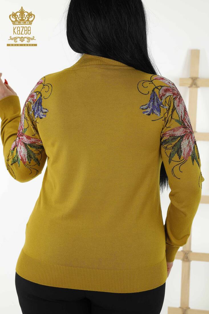 Women's Knitwear Colored Stone Embroidered Saffron - 30007 | KAZEE