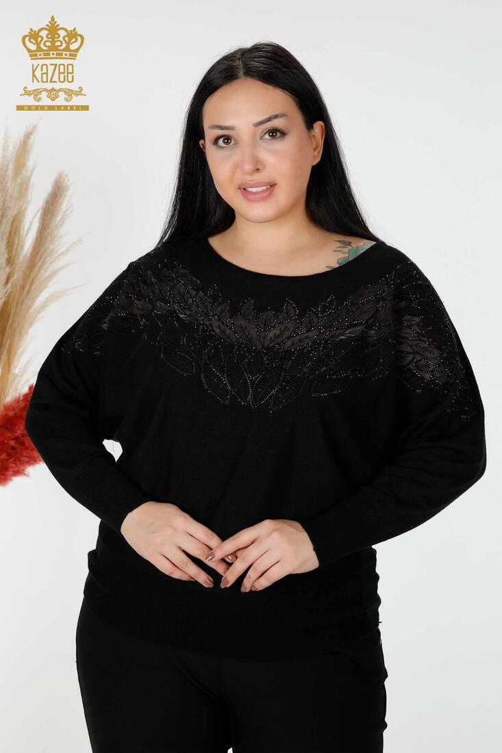 Women's Knitwear Embroidered Embroidered Black - 16942 | KAZEE