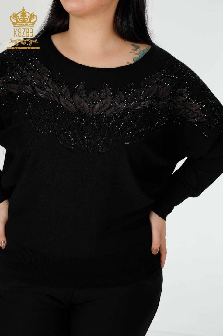 Women's Knitwear Embroidered Embroidered Black - 16942 | KAZEE