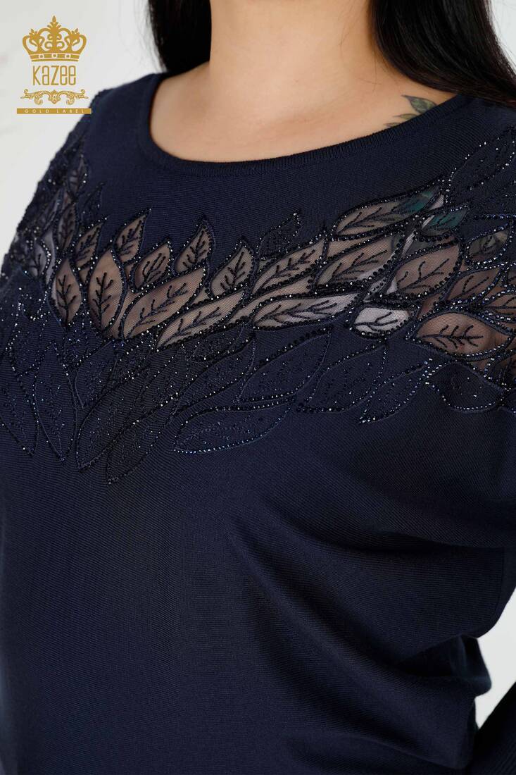 Women's Knitwear Embroidered Navy Blue - 16942 | KAZEE