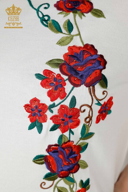 Women's Knitwear Floral Embroidered Ecru - 15876 | KAZEE - Thumbnail