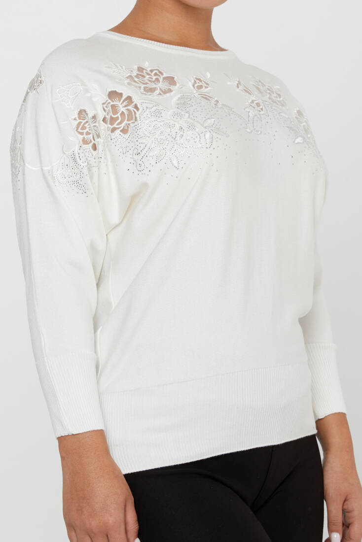 Women's Knitwear Floral Embroidered Ecru - 30925 | KAZEE