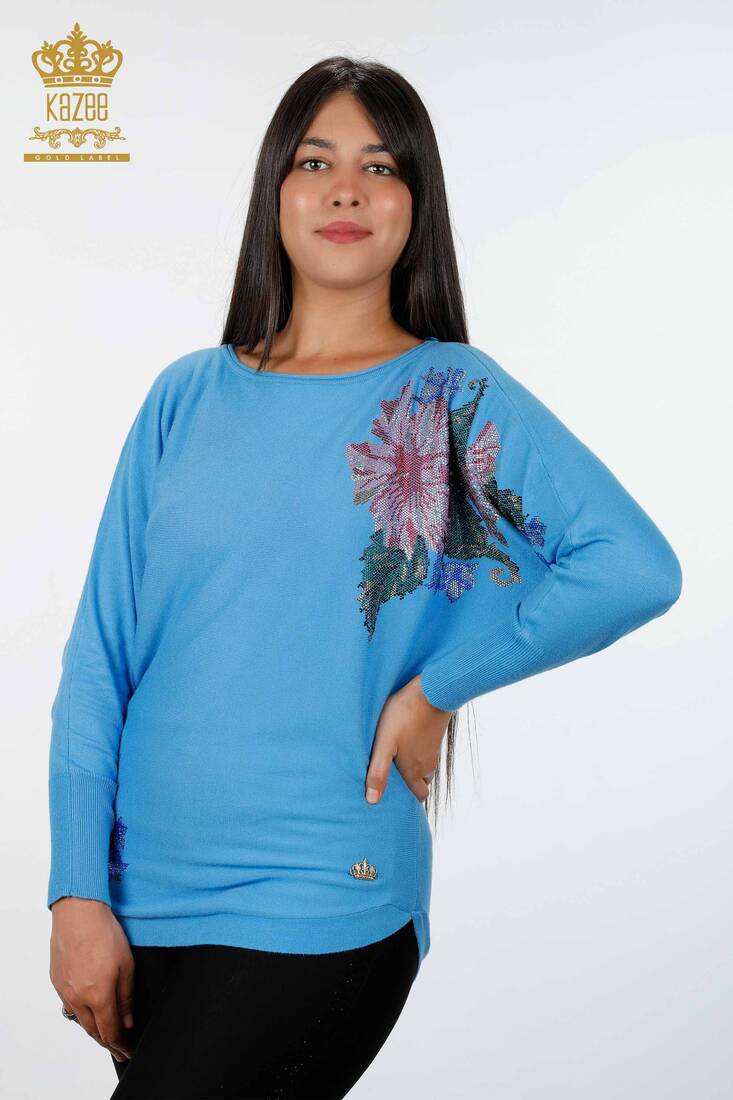 Women's Knitwear Floral Pattern Blue - 16190 | KAZEE
