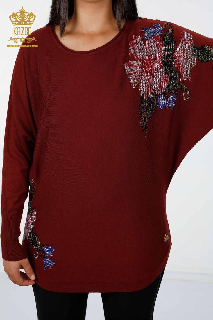 Women's Knitwear Floral Pattern Claret Red - 16190 | KAZEE