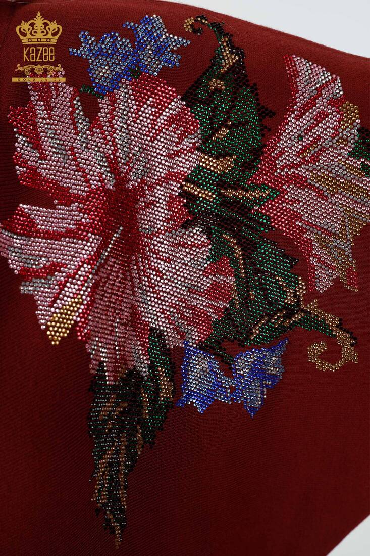 Women's Knitwear Floral Pattern Claret Red - 16190 | KAZEE