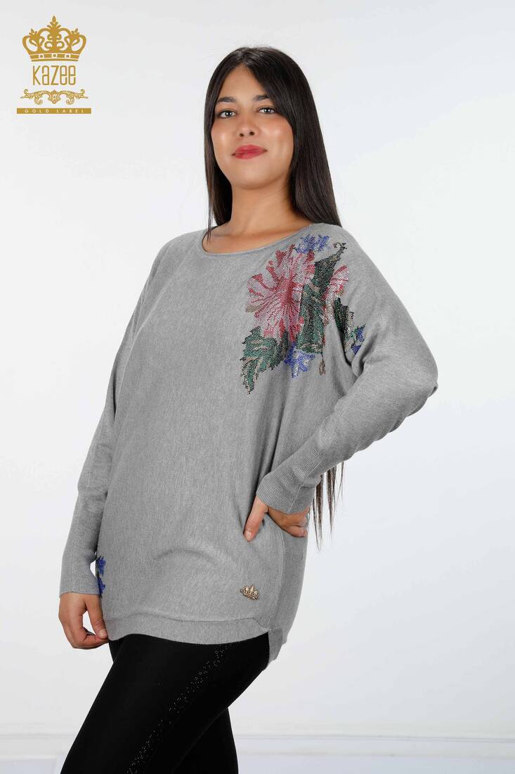 Women's Knitwear Floral Pattern Gray - 16190 | KAZEE