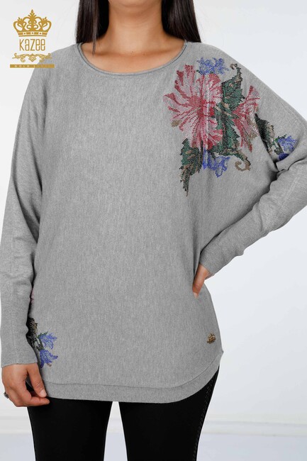 Women's Knitwear Floral Pattern Gray - 16190 | KAZEE - Thumbnail