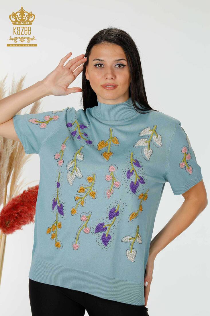 Women's Knitwear Floral Patterned Mint - 16753 | KAZEE