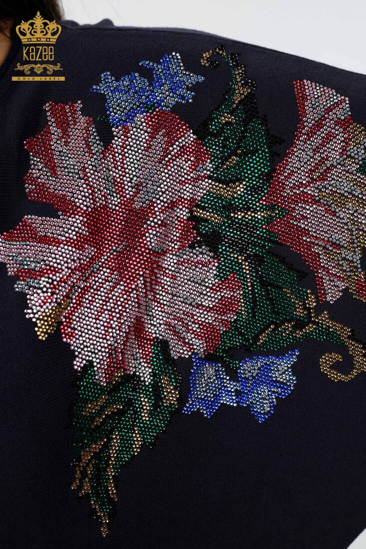 Women's Knitwear Floral Patterned Navy Blue - 16190 | KAZEE