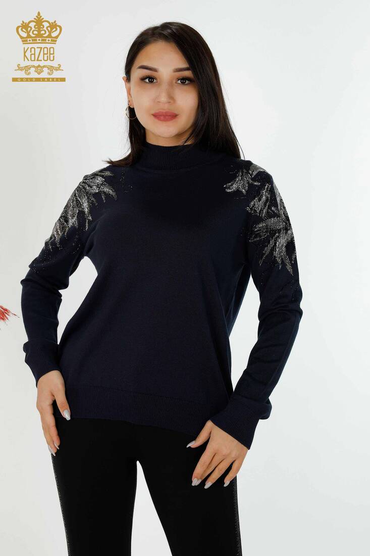 Women's Knitwear Floral Patterned Navy - 16597 | KAZEE