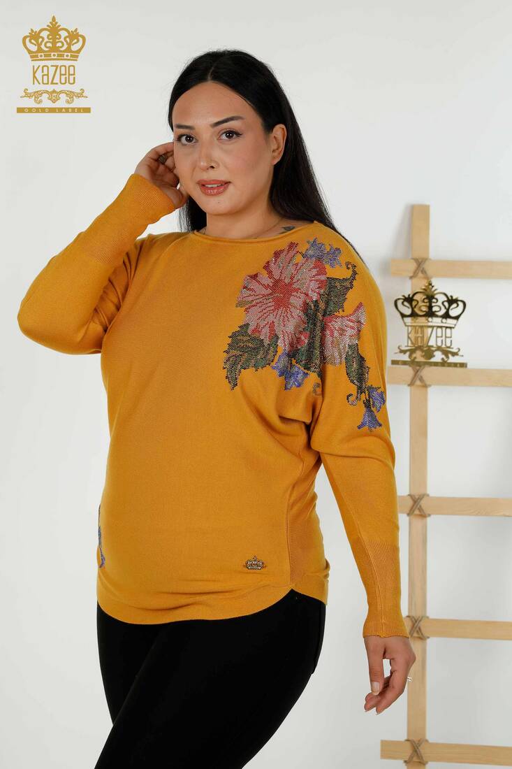 Women's Knitwear Floral Patterned Saffron - 16190 | KAZEE