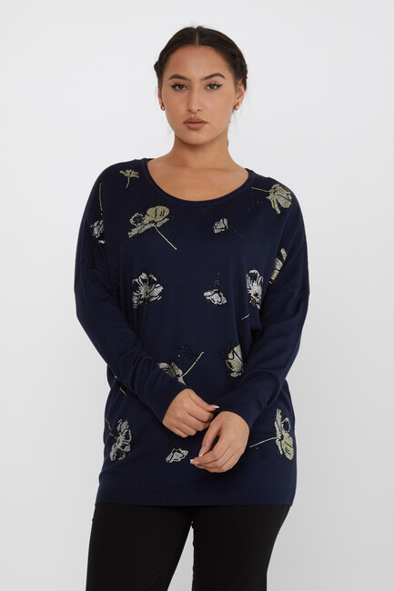 Women's Knitwear Floral Stone Detailed Crew Neck Navy Blue - 16622 | KAZEE - Thumbnail