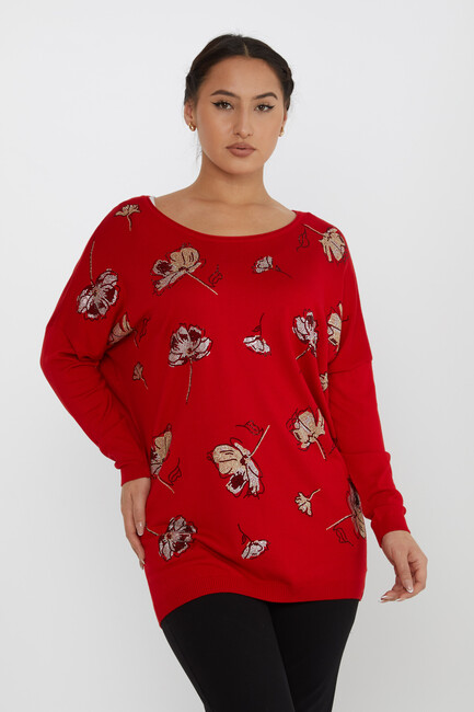 Women's Knitwear Flower Stone Detailed Crew Neck Red - 16622 | KAZEE - Thumbnail
