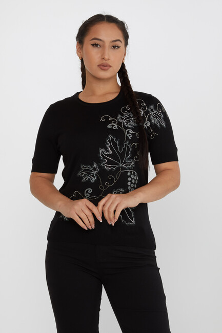 Women's Knitwear Leaf Detailed Stoned Black - 30654 | KAZEE - Thumbnail