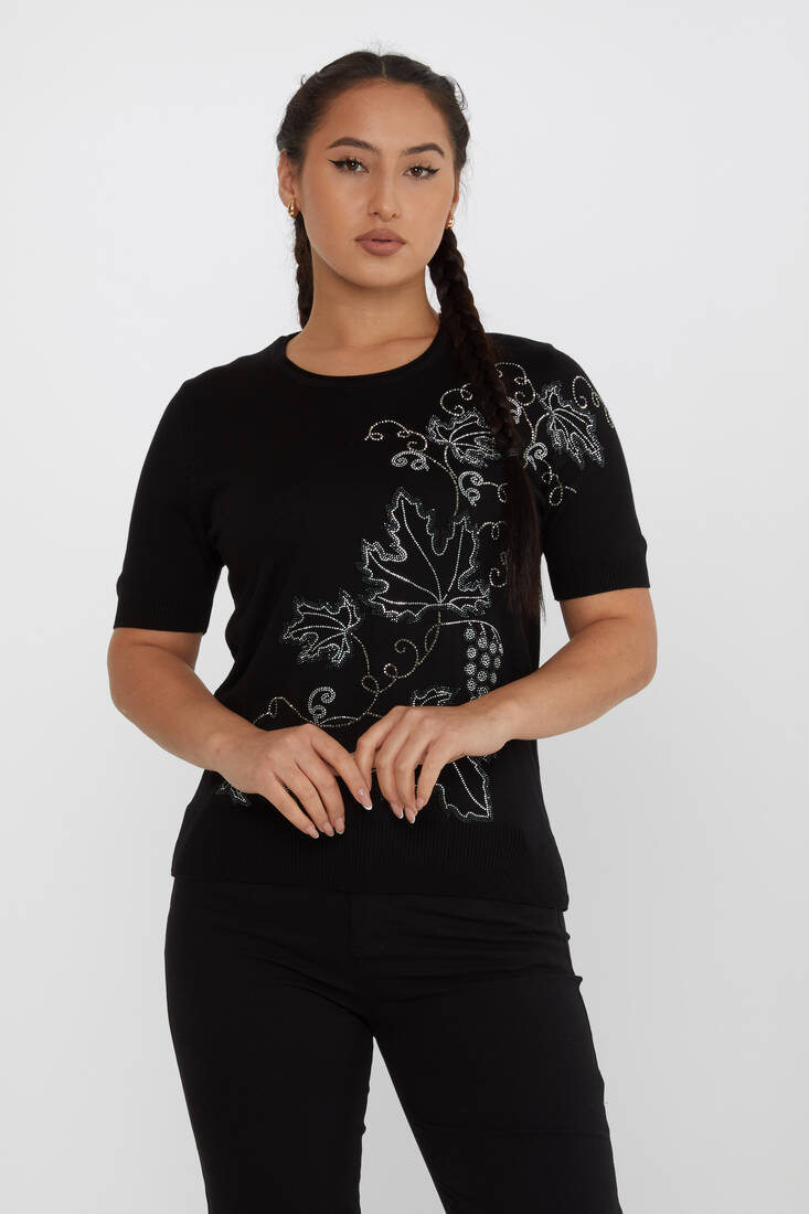 Women's Knitwear Leaf Detailed Stoned Black - 30654 | KAZEE