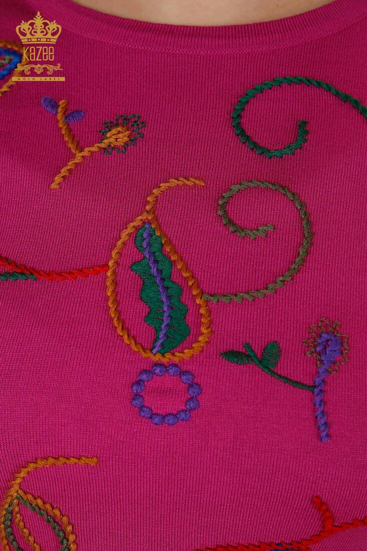 Women's Knitwear Leaf Patterned Fuchsia - 30124 | KAZEE